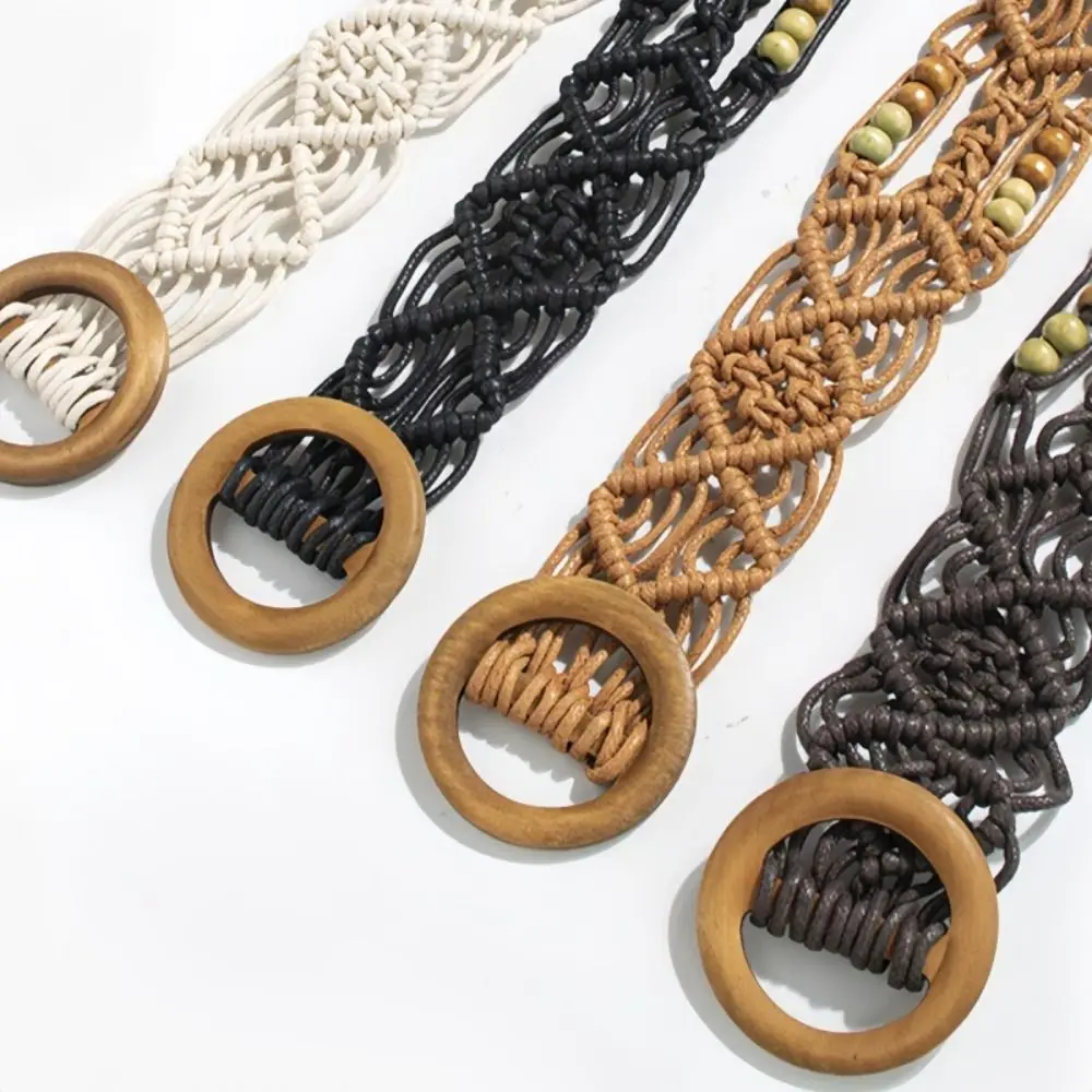 Casual Woven Weave Belt Retro Hollow Out Bohemian Style Belt Wide Round Ethnic Style Waistband Waist Accessories