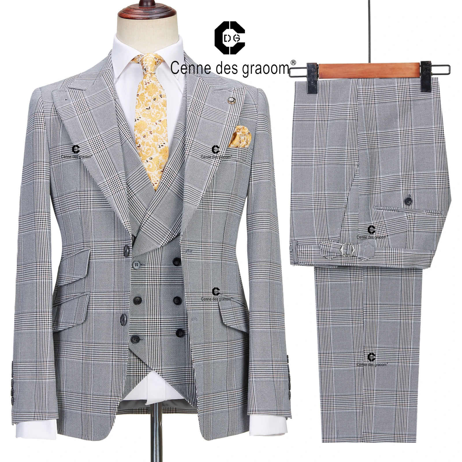 

Cenne Des Graoom 2022 New Male Suit Tailor-Made 3 Pieces Set Fashion Plaid Peak Lapel For Business Wedding Party Singer Groom