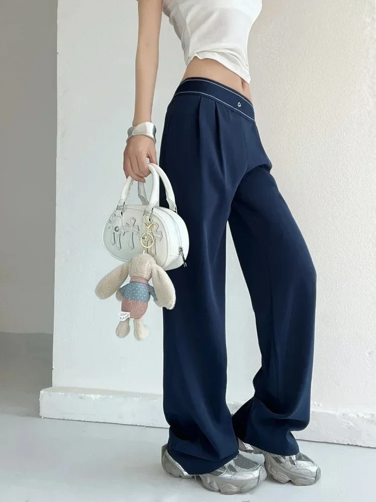 ハイウエストストレートパンツ女性アメリカンスタイルストリートウェア黒ワイドレッグパンツ女性レジャールーズ弾性ウエストパンツ