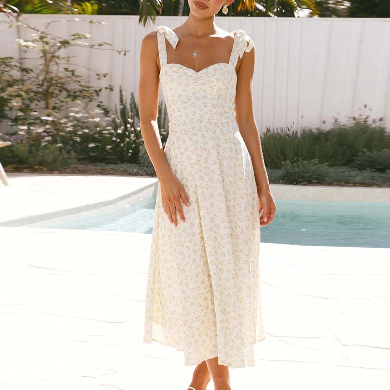 เดรสยาวพิมพ์ลายดอกไม้แฟชั่น เอวสูง สไตล์ลำลองสำหรับผู้หญิง เปิดไหล่ จับจีบ เหมาะสำหรับใส่ไปเที่ยวทะเล เซ็กซี่ แขนกุด สายเดี่ยว สำหรับวันหยุด