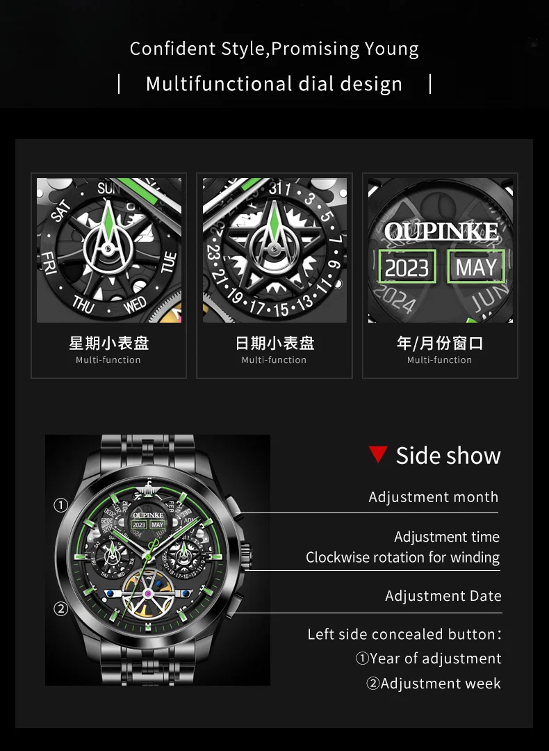 OUPINKE 3235 Black Skeleton Flywheel Automatic Mechanical Watches for Men Multi-function Stainless Steel Luxury Brand Wristwatch