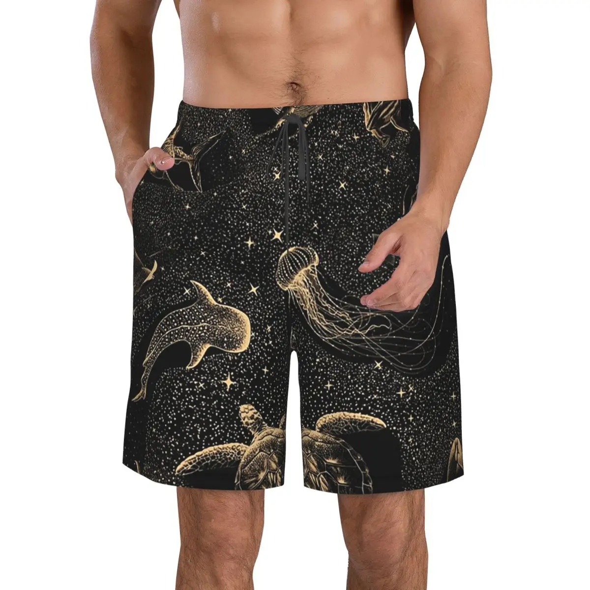 Cosmic Ocean Dark Gold Version Turtle Trunks Beach Board Shorts Casual Quick Dry Swimming Summer Men Pants