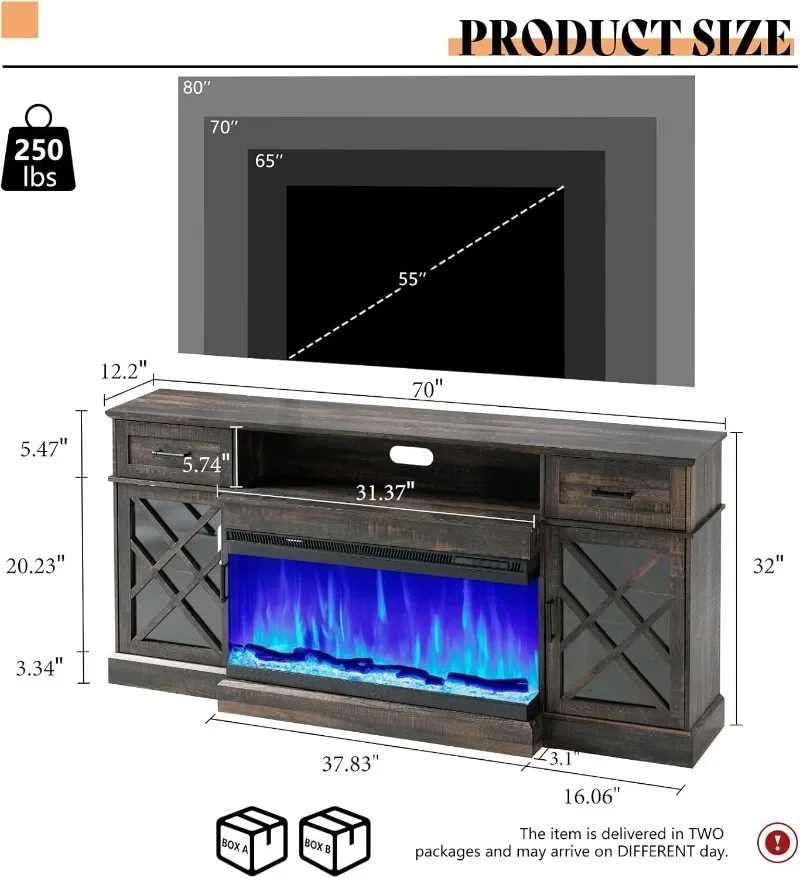 AMERLIFE Farmhouse LED Fireplace TV Stand with 3-Sided Glass Fireplace, 70