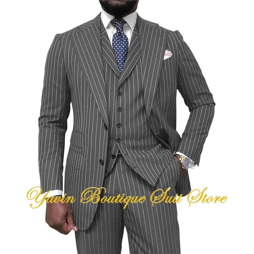 Business Men's Pinstripe Suit 3 Piece Classic Slim Fit Suit Tuxedo Jacket Vest Pants Casual Suit Wedding Prom Men Suits