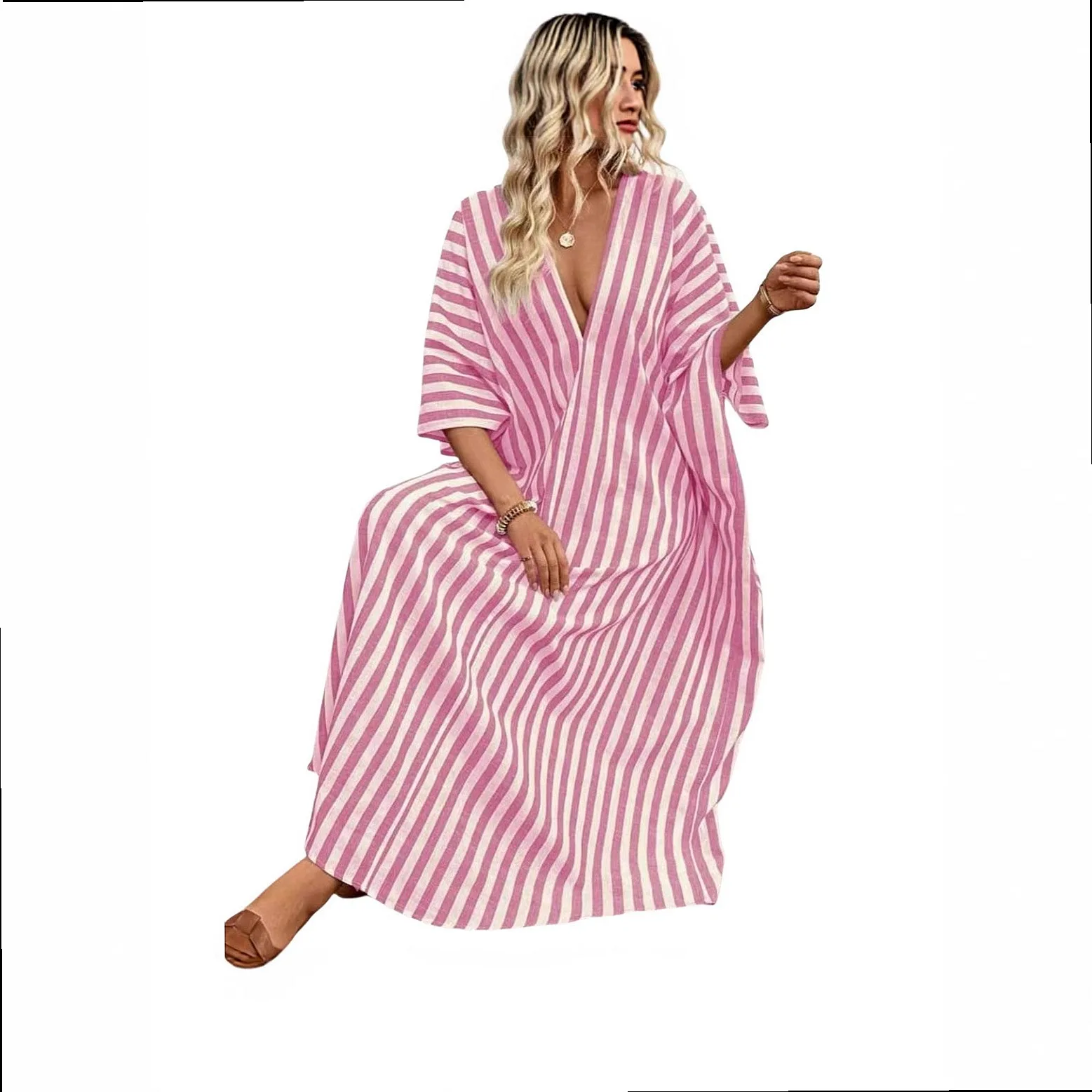 Striped V Neck Long Dress Casual Loose Vacation Dresses Spring Summer