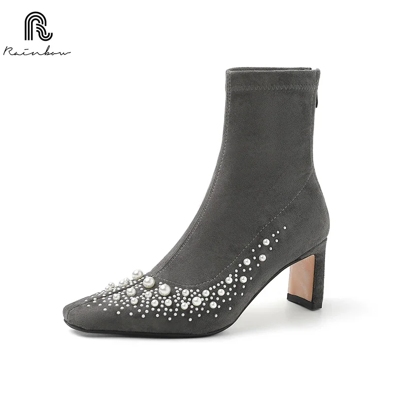 

RAINBOW New Genuine Leather High Heel Elastic Slimming Sock Boots Autumn Winter Women Pearl Rivet Fashion Ankle shoe Size 34-42