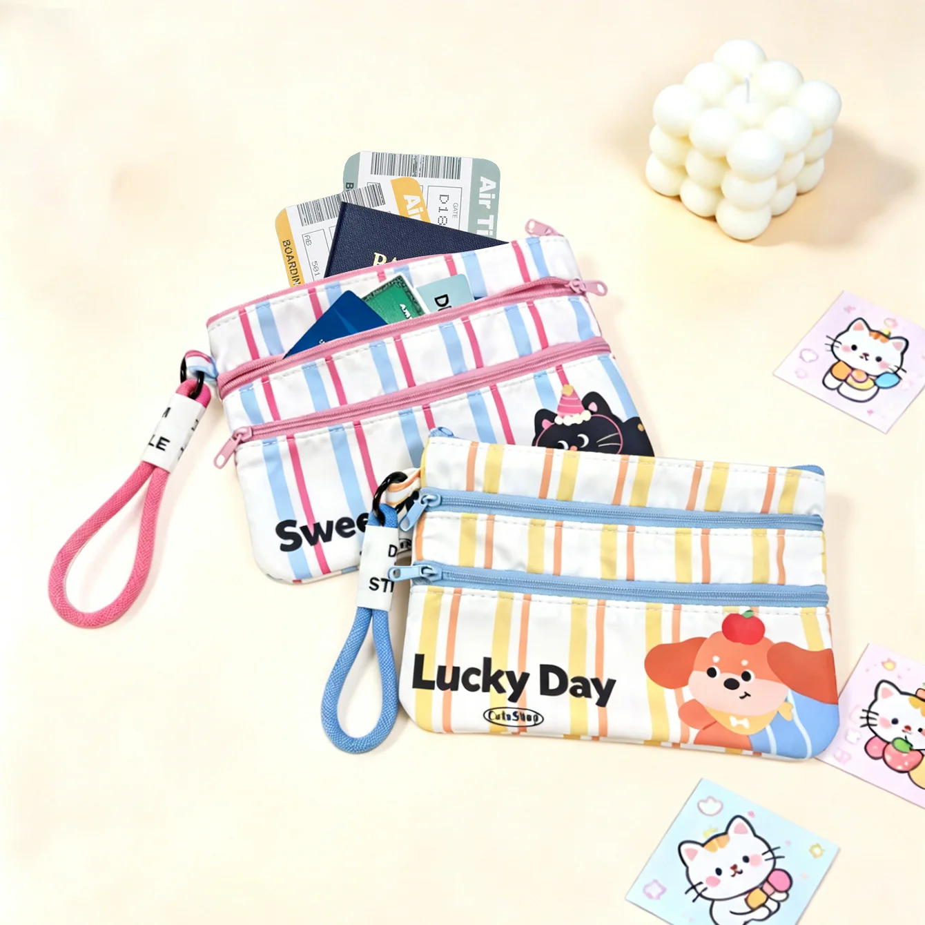 Cartoon Stripe Double Wrist Pouch, Cute Cat Dog Print Coin Purse, Mini Storage Bag for Lipstick ID Earphones Students Passport C