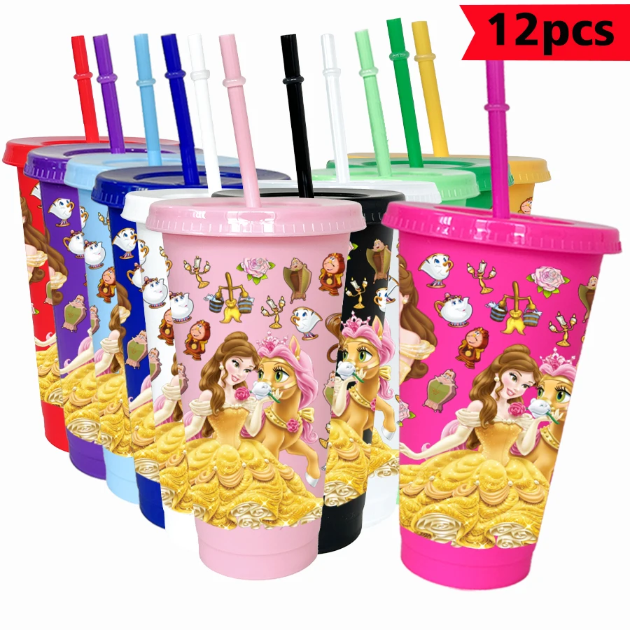 

12 Pieces/bag Disney Belle Teacup 26oz Colorful Plastic Birthday Party Drinking Utensils Juice Coffee Cup
