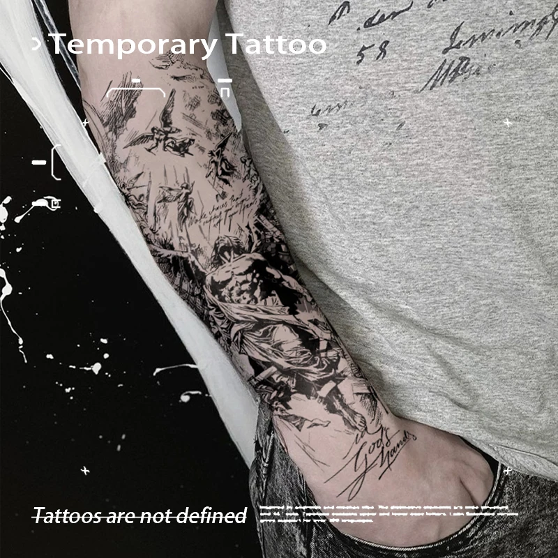 

Greek Mythology Full Sleeve Herbal Juice Tattoo Sticker Semi Permanent Waterproof Black Sketch Fake Tattoo for Arm Body Art