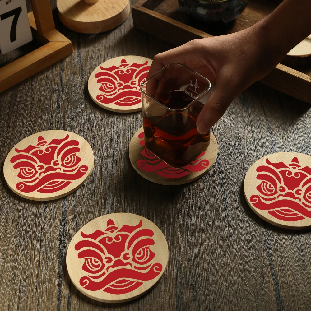 

6PCS Lucky Dragon Year Heat-insulated Tea Cup Pads, Bamboo Coasters, Kitchen Decoration, Home Dinning Placemat