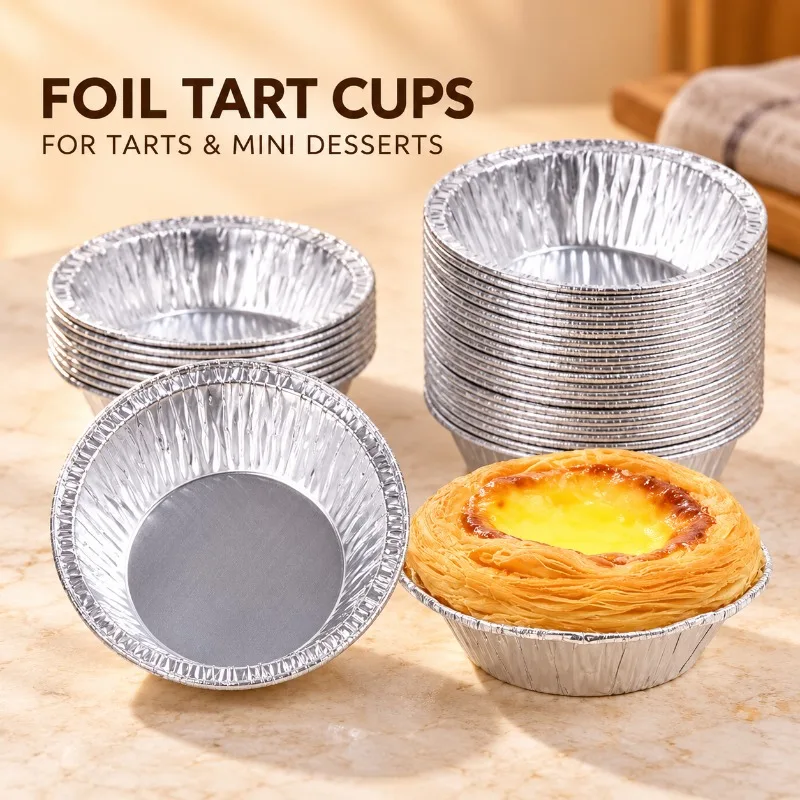 Aluminum Foil Baking Cups 100/200PCS Disposable Egg Tart Pans Round Silver Molds for Mini Pies Muffins Cupcakes and Desserts