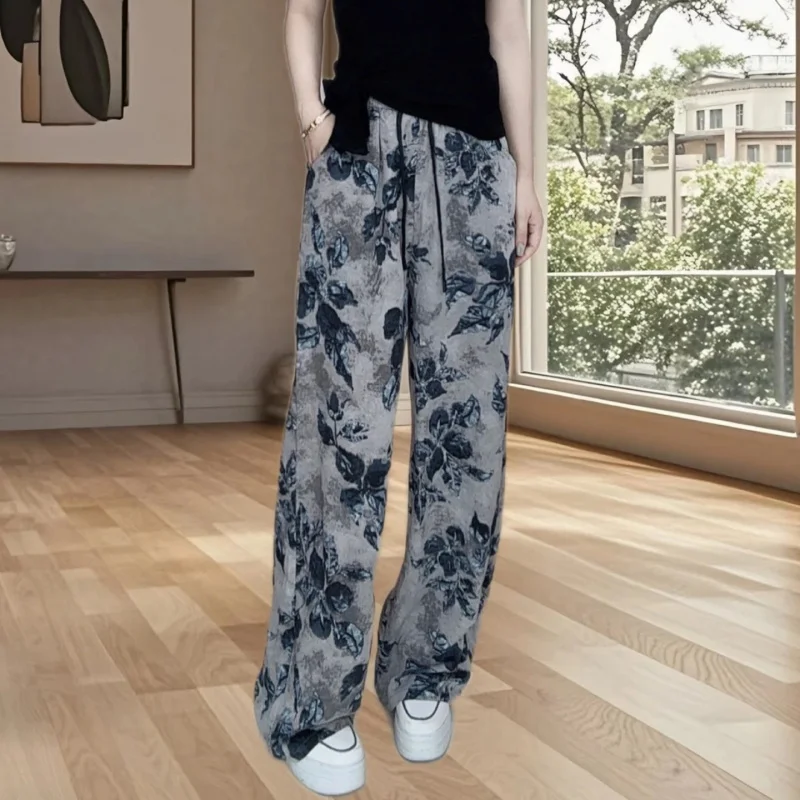 

Summer Thin Printed Casual Straight Pants for Women, Comfortable Versatile Slimming Draped Floor-Length Trousers
