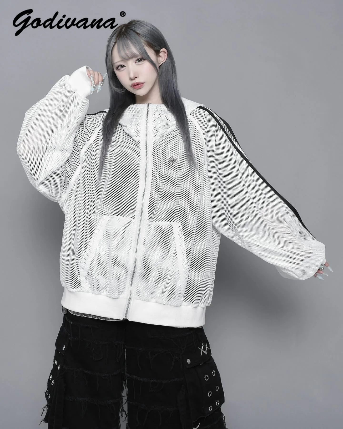 

Japanese Style Subculture Harajuku Hooded Casual Mesh Jacket Gothic New Spring Female Cool Oversized Coat Loose Outwear