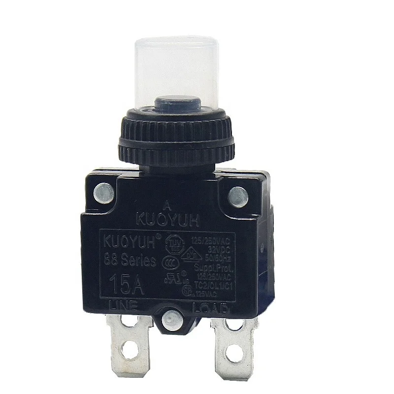 

Kuoyuh 88 Series 15A Plastic Nut Resettable Thermal Motor Protection Circuit Breaker 32-50V DC Overload Protector Switch