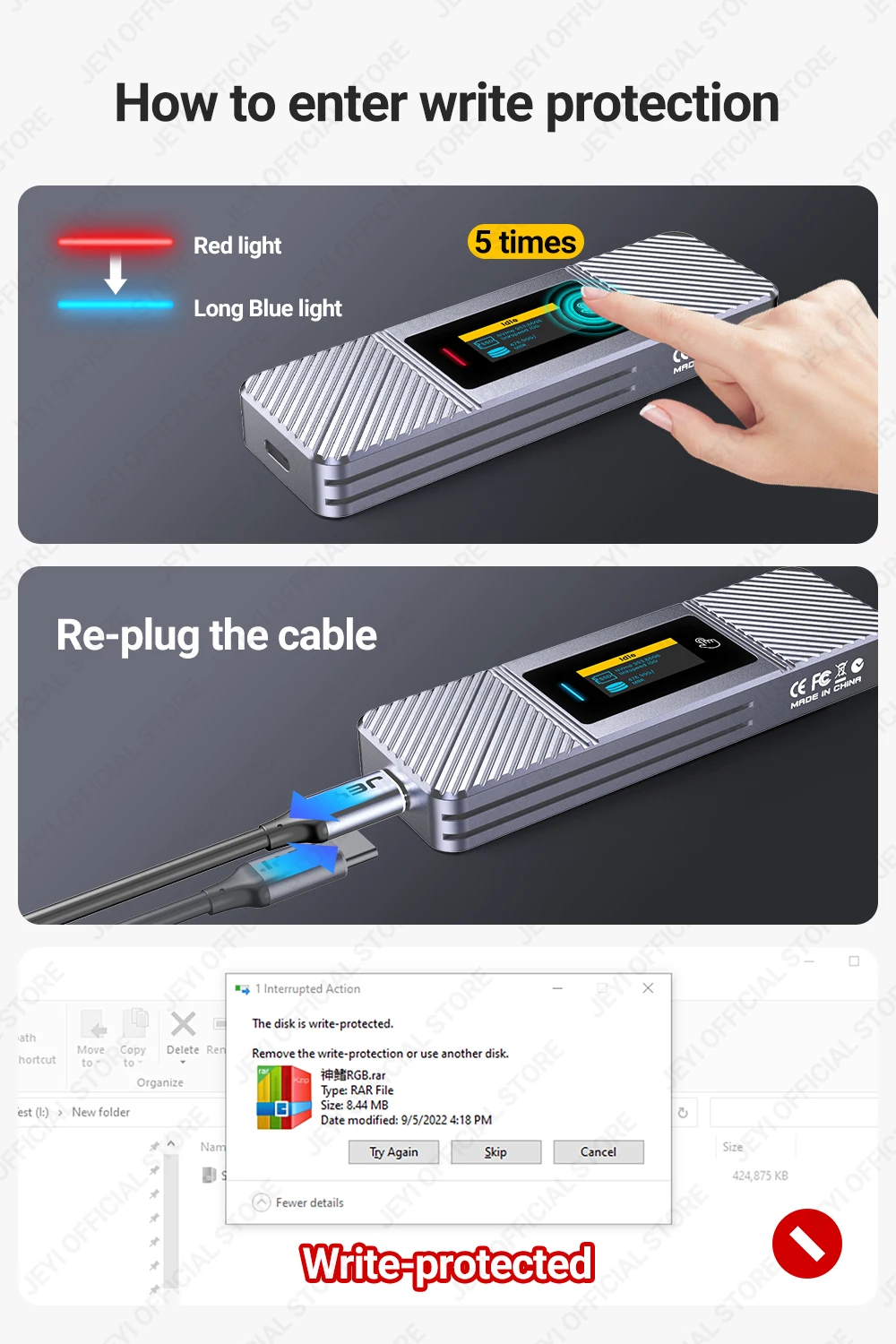 JEYI Visual Smart M.2 NVMe NGFF SSD-Gehäuse, unterstützt 5s-Schreibschutz, 3s Re-connect, USB 3.2 Gen2 10 Gbit/s, UASP-Trimmung – Detail 9