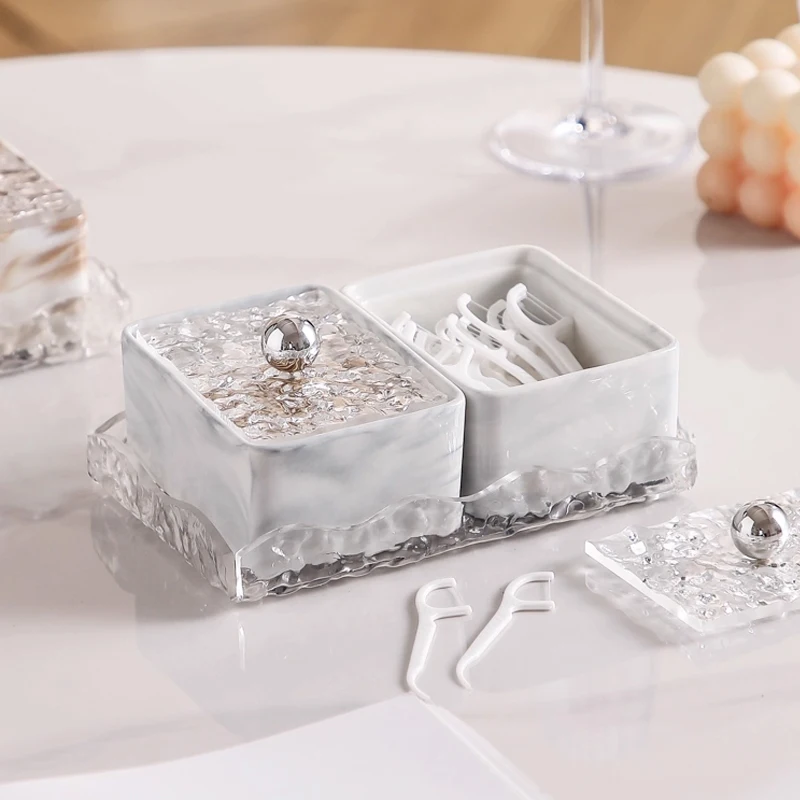 Ceramic Cotton Swab Jar Bathroom Table Marble Cotton Washcloth Storage Box Transparent Lipstick Finishing Box Home Decoration