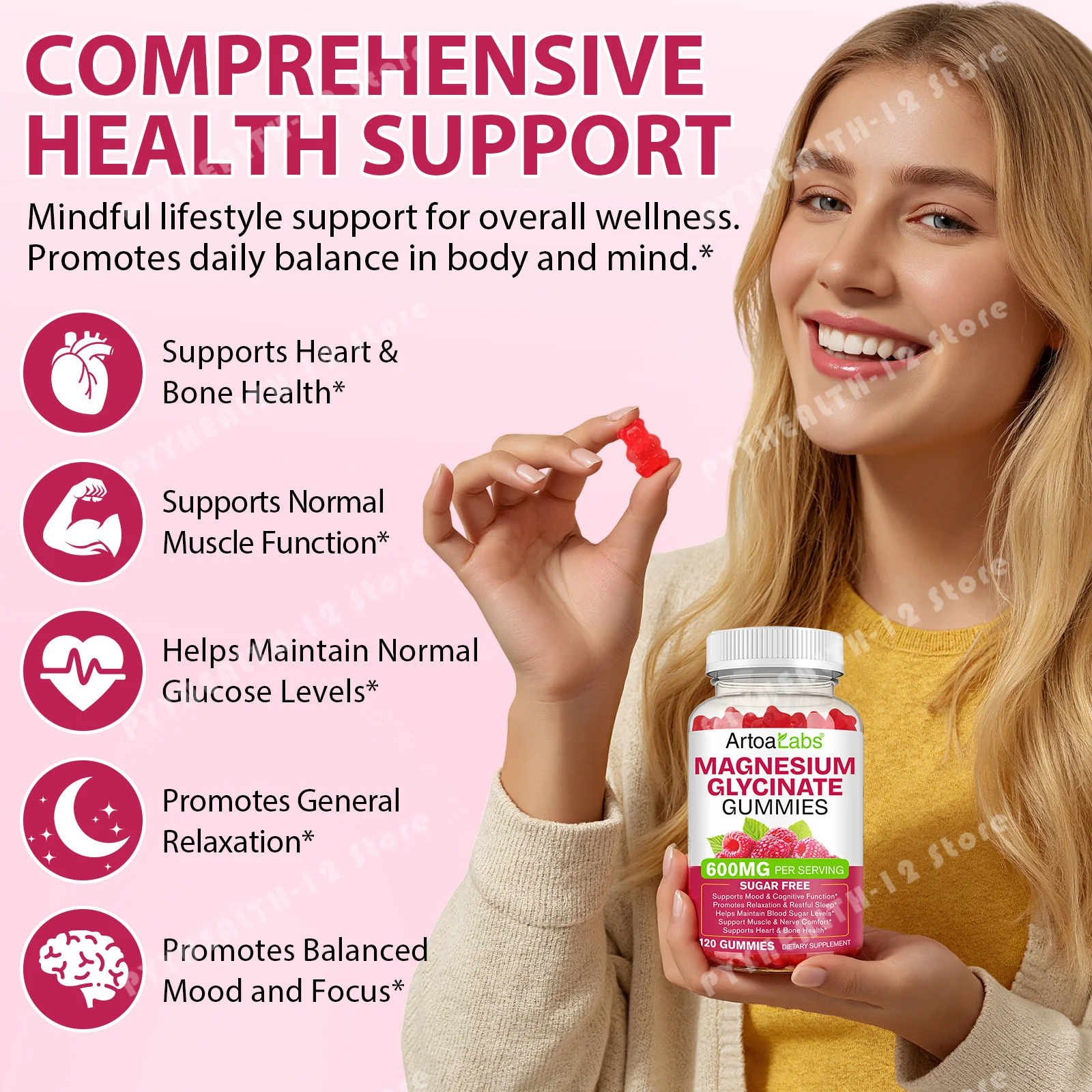 Magnesium Glycinate Gummies with Calcium & CoQ10 for Relaxation, Restful Sleep, Balanced Mood & Muscle Function,  120 Count