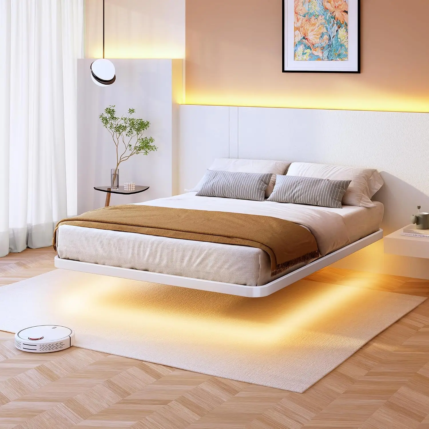 White Floating Bed Frame King Platform Bed Frame with LED Lights, Metal Floating Bed Base with 15 Heavy Duty Steel Slats