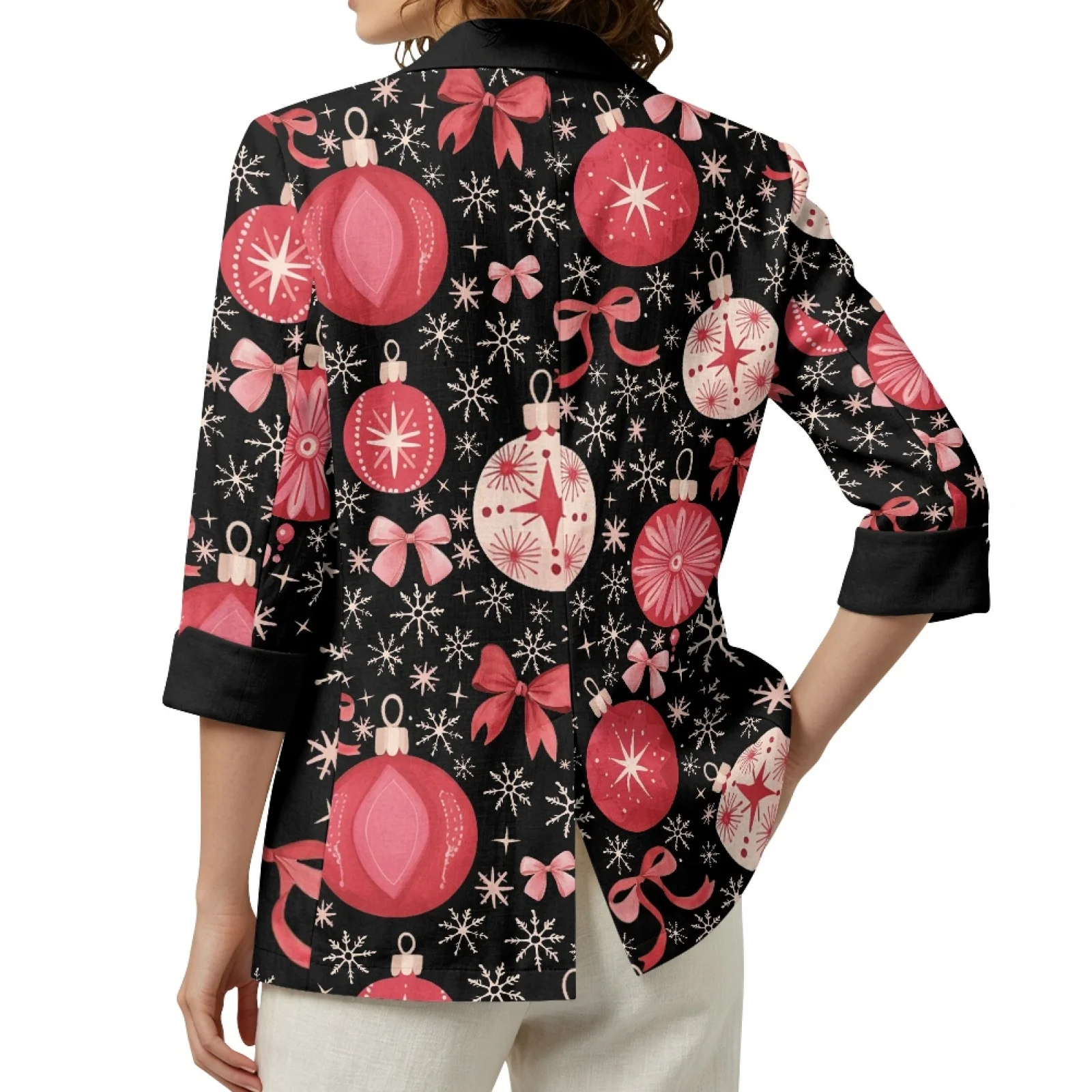 PENSTROLL Christmas Bauble Print Linen Style Open Front Tops Versatile Outerwear for Women Casual Beach Coverups view 2