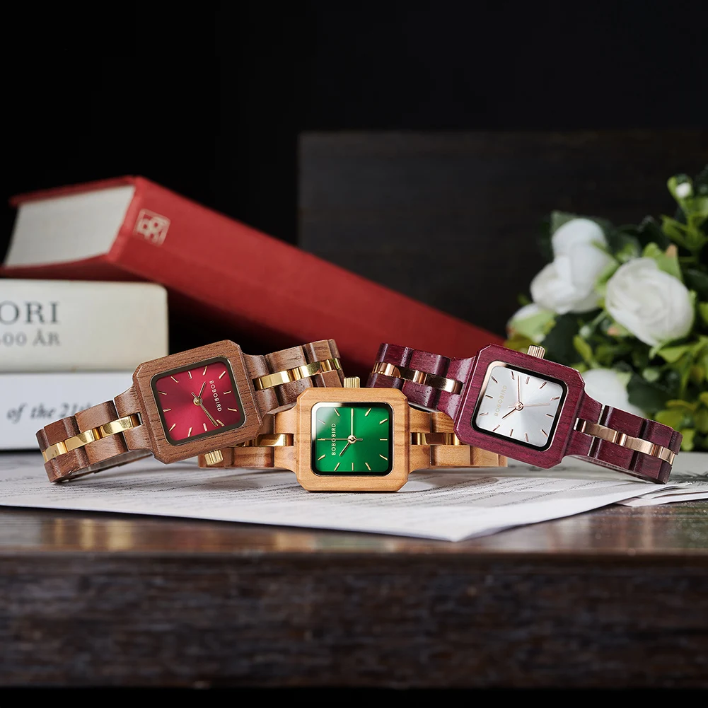 カスタマイズされた女性の腕時計刻まれた名前ロゴ女性木製クォーツ腕時計ボボバードデザイン無垢材腕時計ギフトボックスドロップシッピング