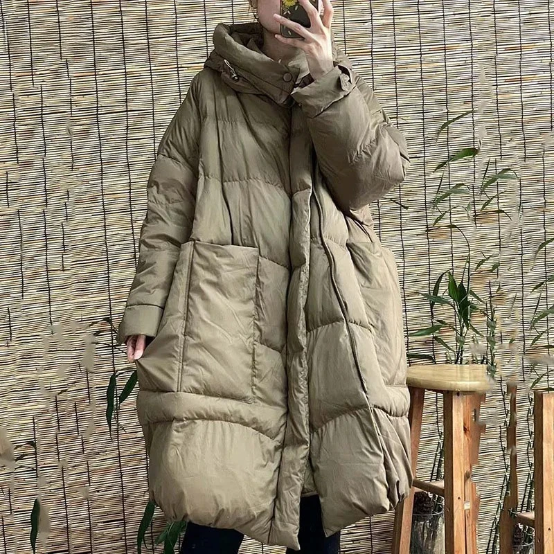 후드가 있는 루즈핏 오버사이즈 코트 가을 겨울 따뜻한 아우터 큰 주머니 여성용 화이트 덕다운 롱 재킷