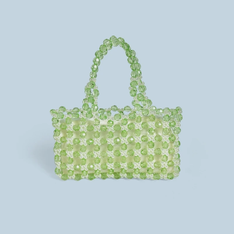 

Summer Transparent Green Crystal Beaded Handbag for Women Hand-made Hollow Out Small Square Tote Bag Evening Party Clutch Bag