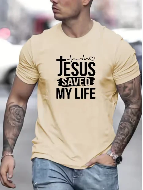 Summer Men's Cotton Casual Loose Size JESUS SAVED MY LIFE Print Round Neck Short Sleeved T-shirt Top Moisture Wicking Breathable