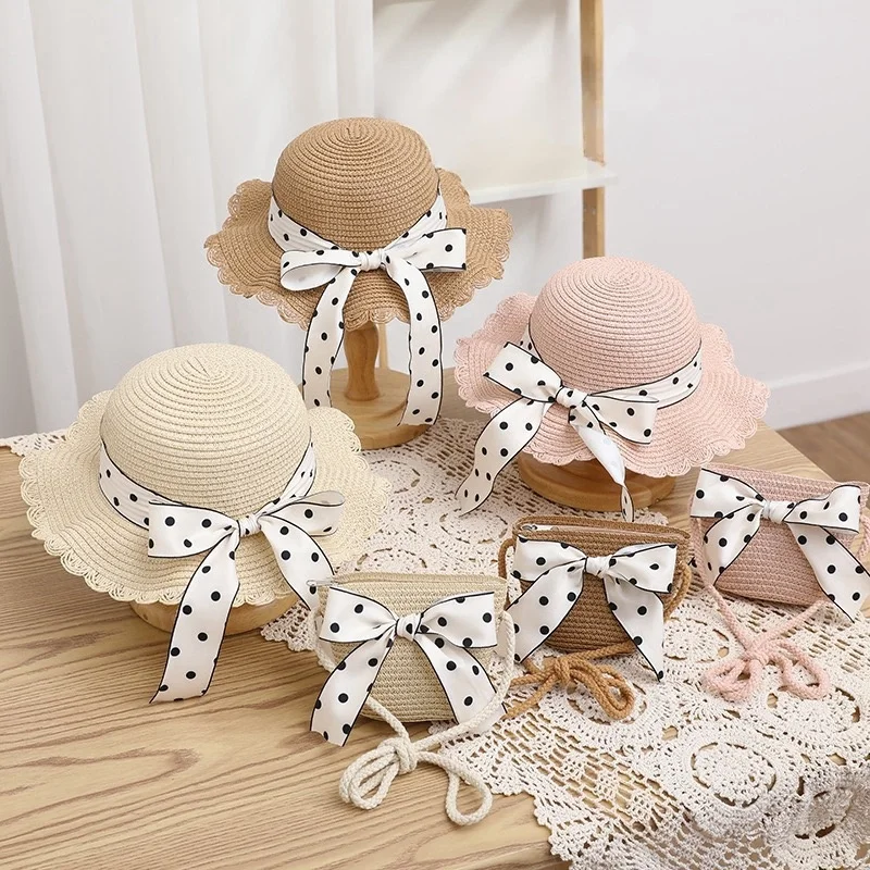 Summer Children's Fashion Versatile Wavy Bucket Hat And Mini Shoulder Bag Two-piece Set Hand-tied Bow Braid