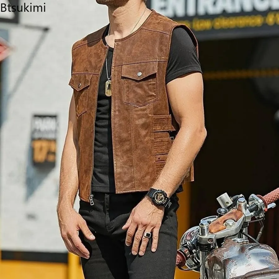 New Arrivals Fashion Men's PU Leather Motorcycle Vest Korean Style Trend Sleeveless O-neck Zip Vest Jacket Handsome Men Clothing