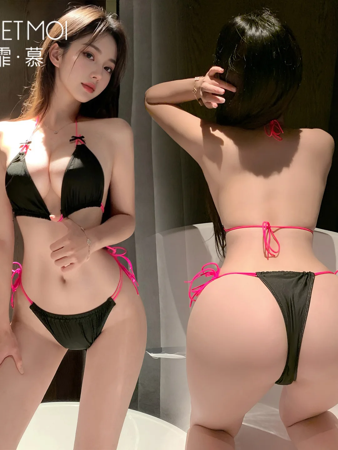 Traje de baño Sexy para chica, ropa interior, conjunto de tres puntos con bloques de Color, Bikini con escote en V profundo, puro deseo, moda Sexy para mujer, Top GMS8