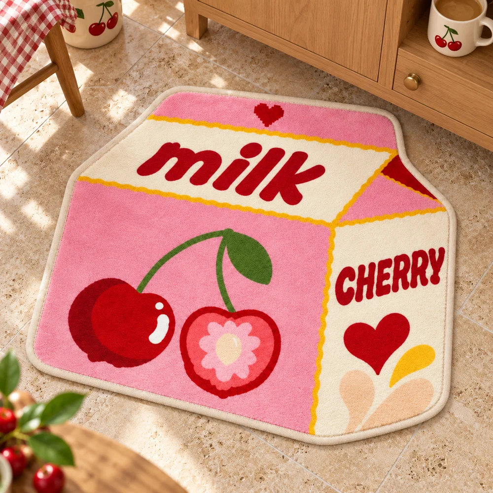 Cherry Milk Carton Irregular Flannel Rug, Sweet Pink Fruit Floor Mat for Kitchen Bedroom Entryway Decor and Housewarming Gift