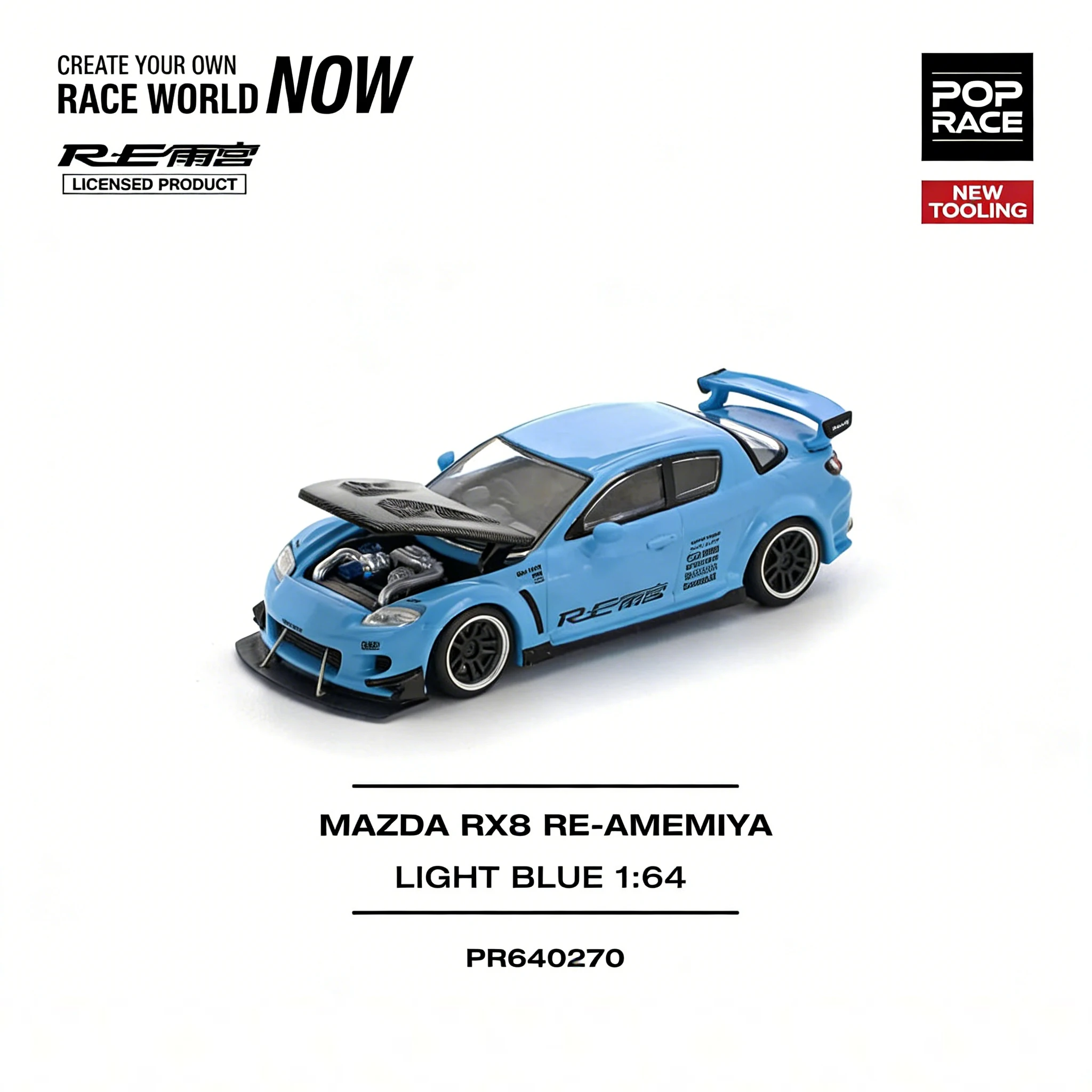 

In Stock POP RACE PR640270 New Tooling 1:64 Mazda RX-8 RE-Amemiya Light Blue Diecast Model Car (Openable Hood)