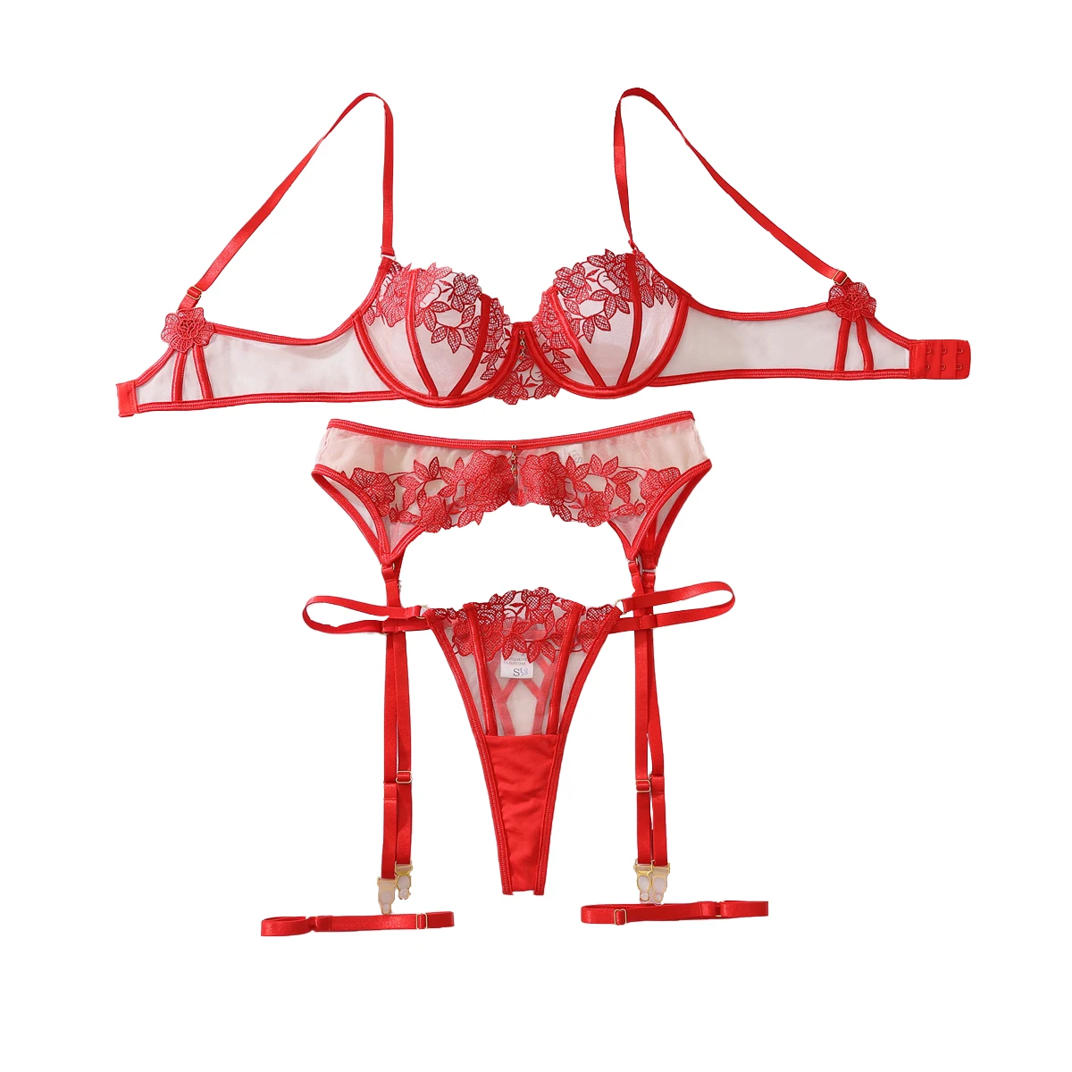 MUZISKAT ins Pure Desire Female Sex Perspective Flower Embroidery Gather Body Shaping Sexy Three Point Underwear Set