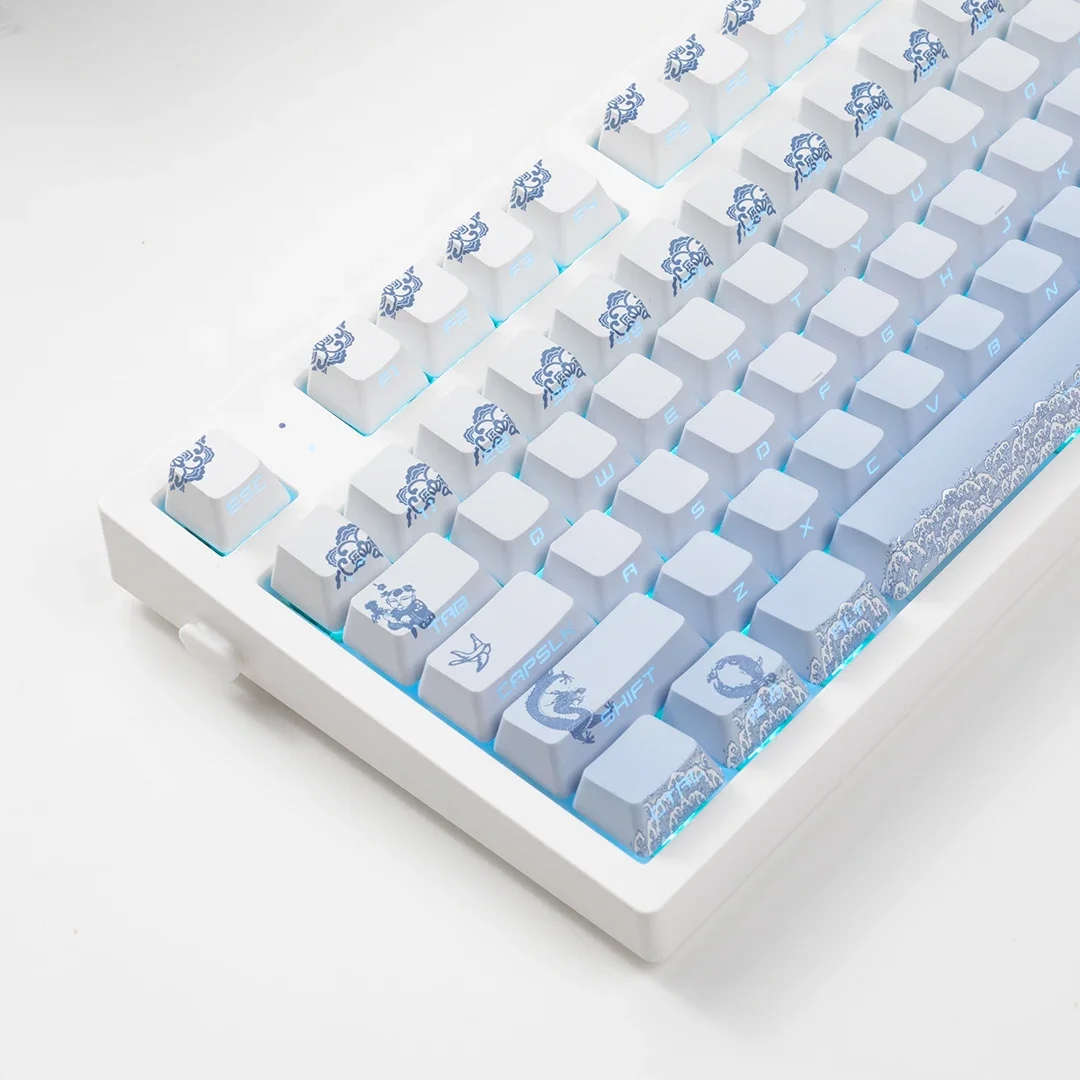 134 Keys Keycaps Blue and White Porcelain Side Print PBT 5 Side Dye Sub OEM Height Backlight for Mechanical Keyboard AULA F75 PC