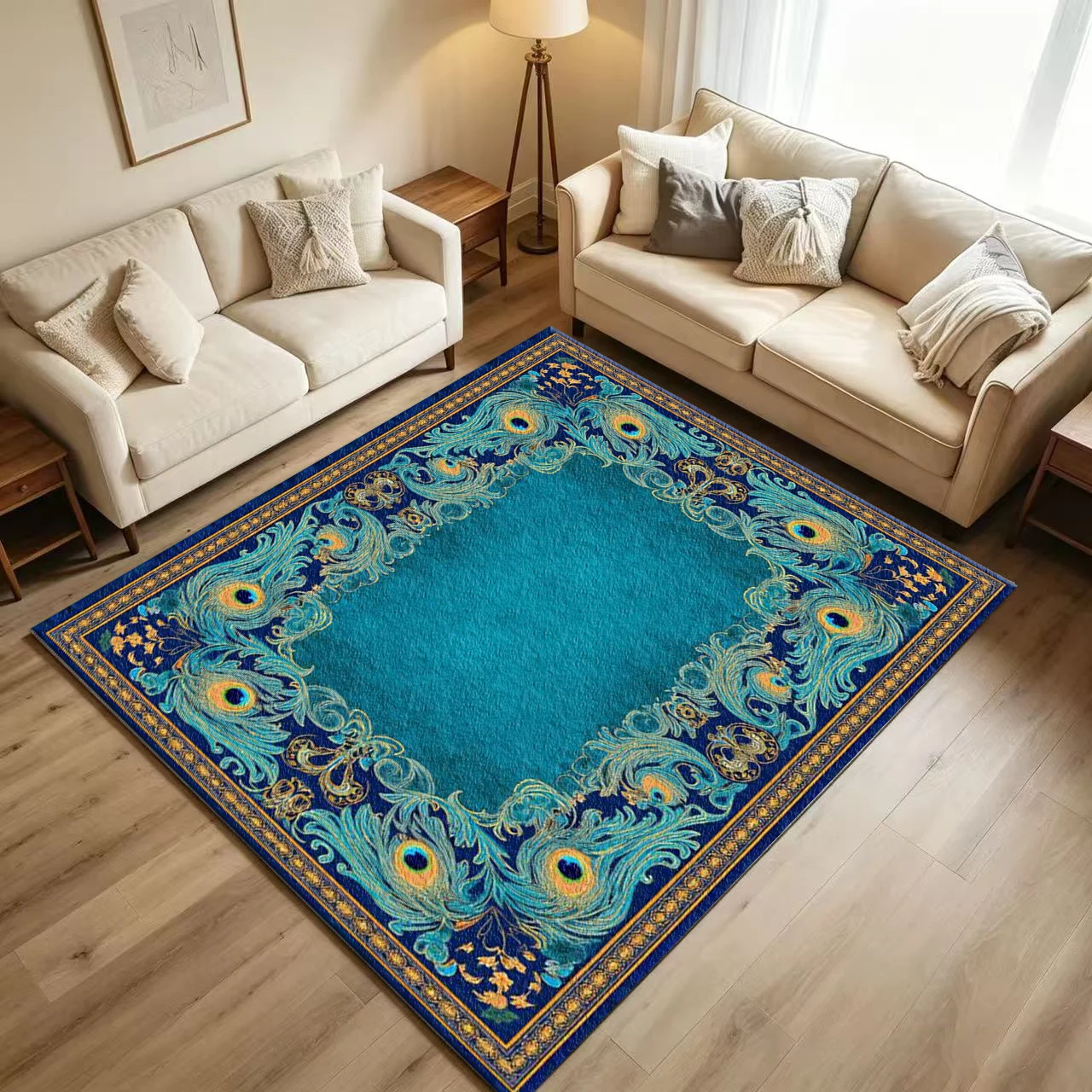 Luxury Peacock Feather Carpet Flooring Vintage Ornate Golden Border Teal Background Art Pattern Printed Floor Rug for Household Indoor Elegant Home Interior Decor