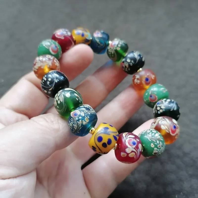 Vintage Multicolor Millefiori Glass Bead Bracelet, Mixed Floral Pattern Round Art Glass Beads Boho Ethnic Bracelet