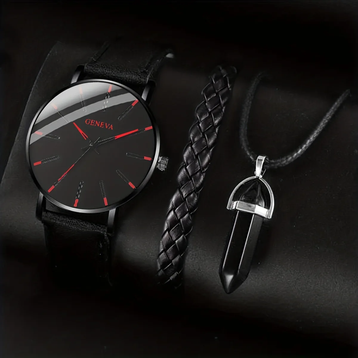 Classic Blue Needle Men's Casual Fashion Trendy Sports Braided Rope Bracelet Cool Black Necklace Wrist Watch Set image 2