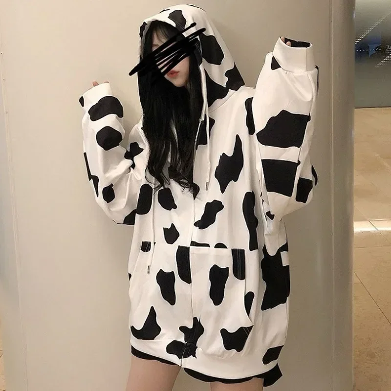 Harajuku Y2k Oversize Zipper Cow Hoodies Milk Korean Fashion Kpop Streetwear Zip Up Hooded Sweatshirt Women Autumn New