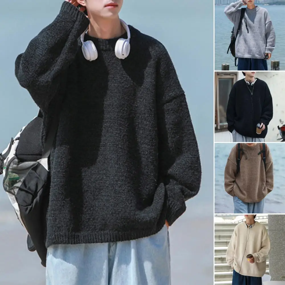 Sweater leher bulat pria, pakaian rajut lengan panjang lembut hangat warna polos untuk musim gugur dan dingin
