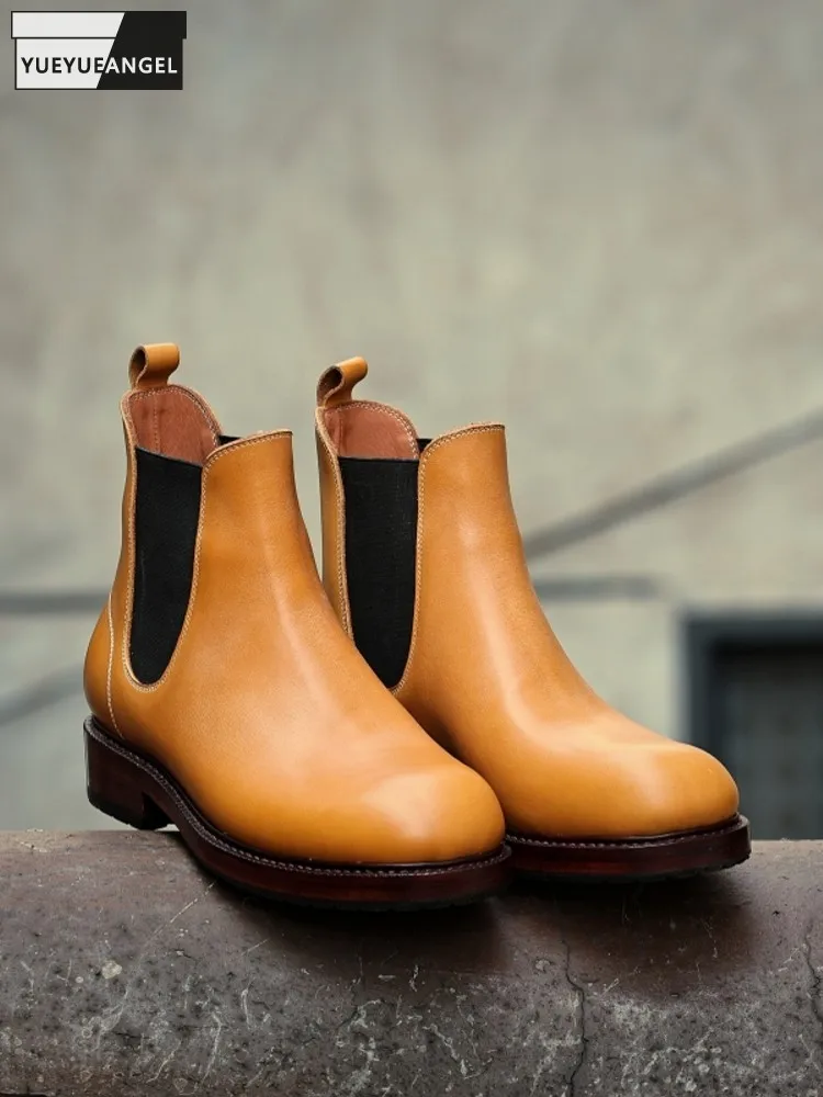 

British Style Fashion Male Cowhide Comfortable Mid Heel Round Toe Ankle Boots Genuine Leather Slip On Breathable Handmade Shoes