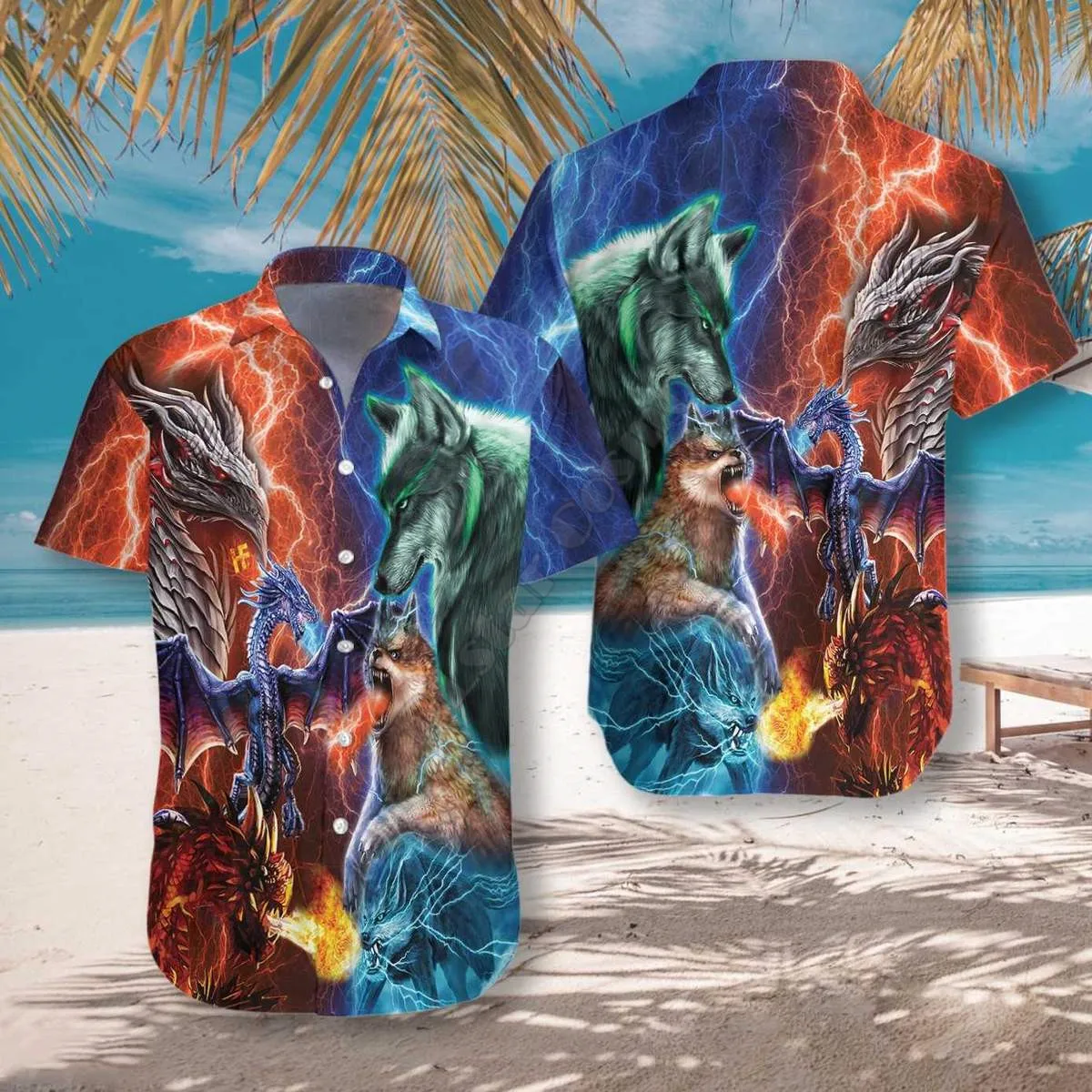 Hawaii Shirt Beach Summer Dragon And Wolf Hawaiian Shirt 3D Printed Men For Women Tee hip hop shirts cosplay costume