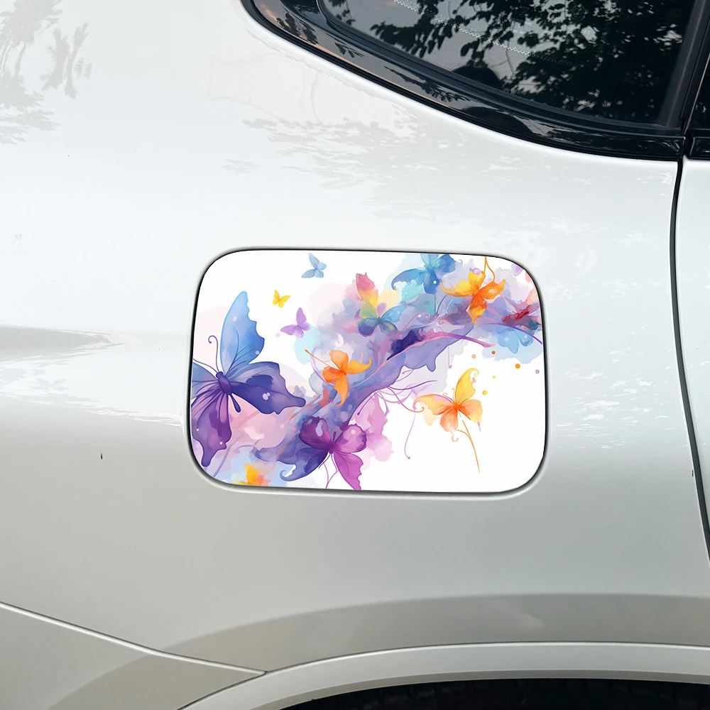 1PC Purple Orange Watercolor Flying Butterfly Car Fuel Tank Sticker PET Waterproof Soft Ink Art Auto Fuel Cap Exterior Decal view 2