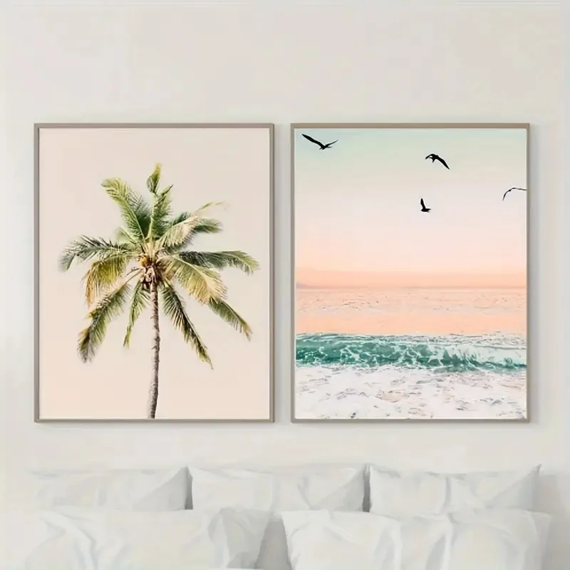 Tropischer Pastell-Strand-Leinwanddruck, Küstenpalmen, Ozeanwellen, Wandkunst, Poster für modernes Wohnzimmer, Bauernhaus, Heimdekoration