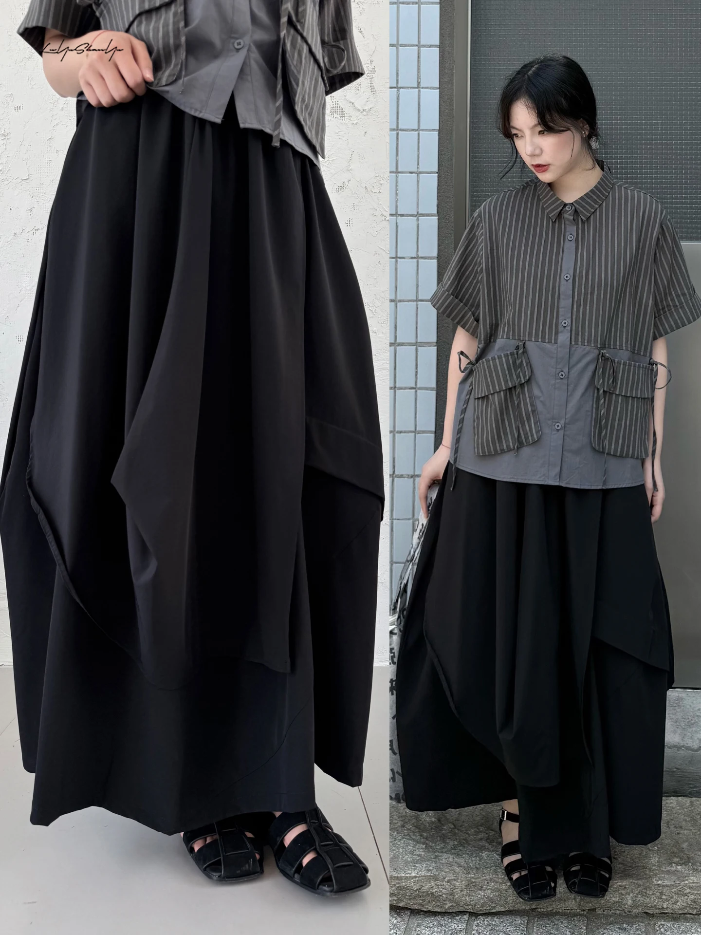 

Land And Mountain Island Black Asymmetrical Multi-layered A-line Skirt Wide Hem Irregular Arc Shape Summer Cotton Blend Skirt