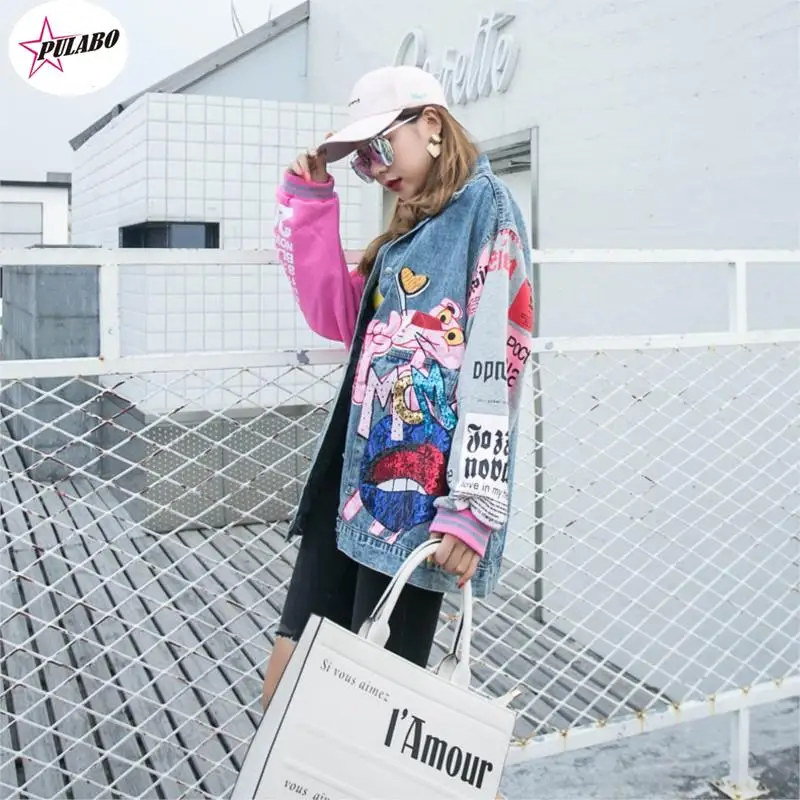 PULABO y2kest Spring and Autumn Denim Jacket Woman Sequin Splice Thin Coat Anime Cartoon Alphabet Casual Jacket