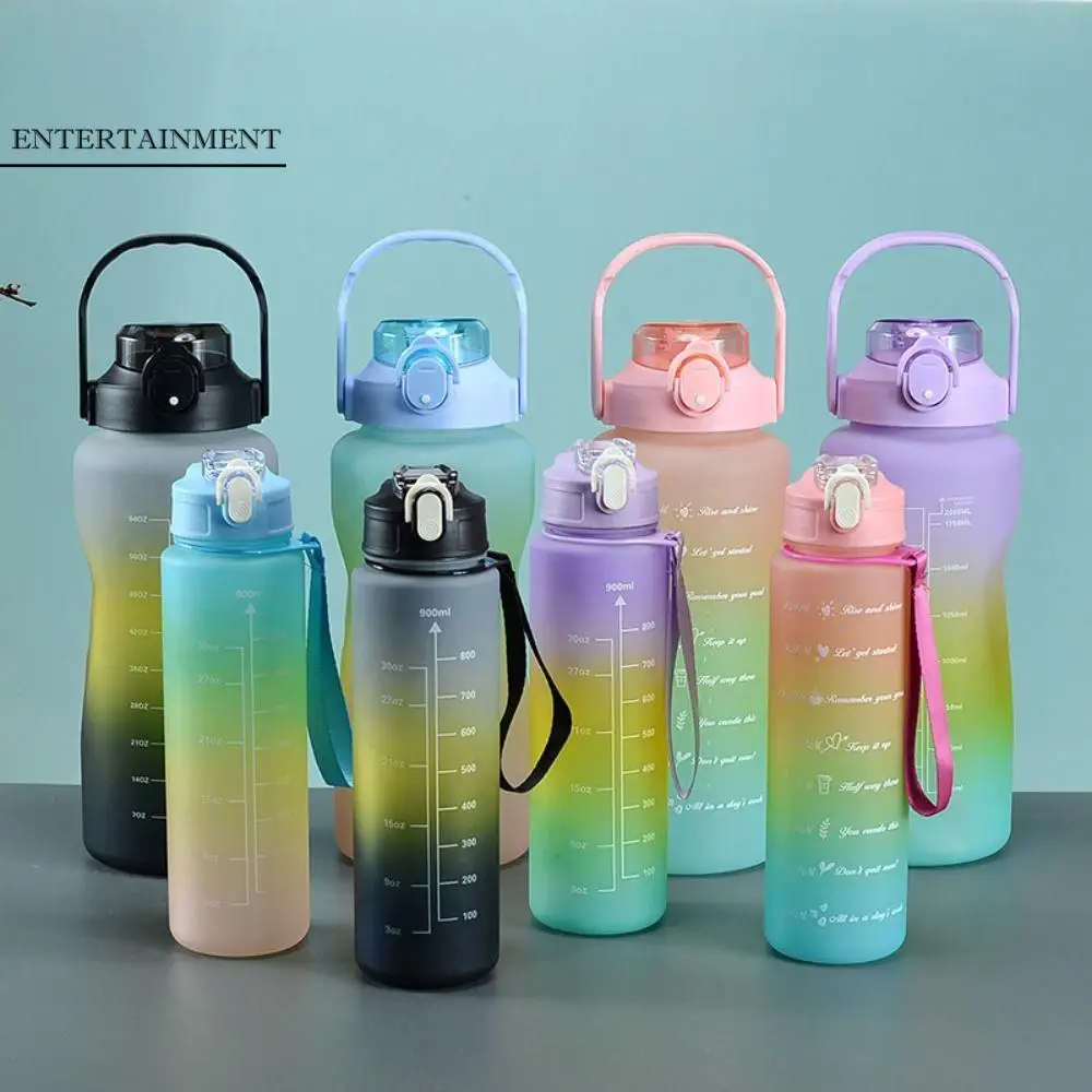 

Three Piece Set Sports Water Bottle Set Large Capacity Schedule Leak Proof Colorful Cup with Straw Gradient Color