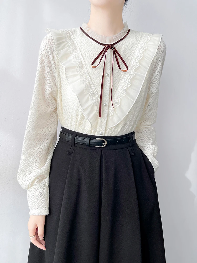 

Корейская женская блузка с кружевными вставками и цветочным узором, на флисовой подкладке, с бантом, рукавами-колокол, для повседневной носки, однотонная, теплая, для защиты верхней части тела