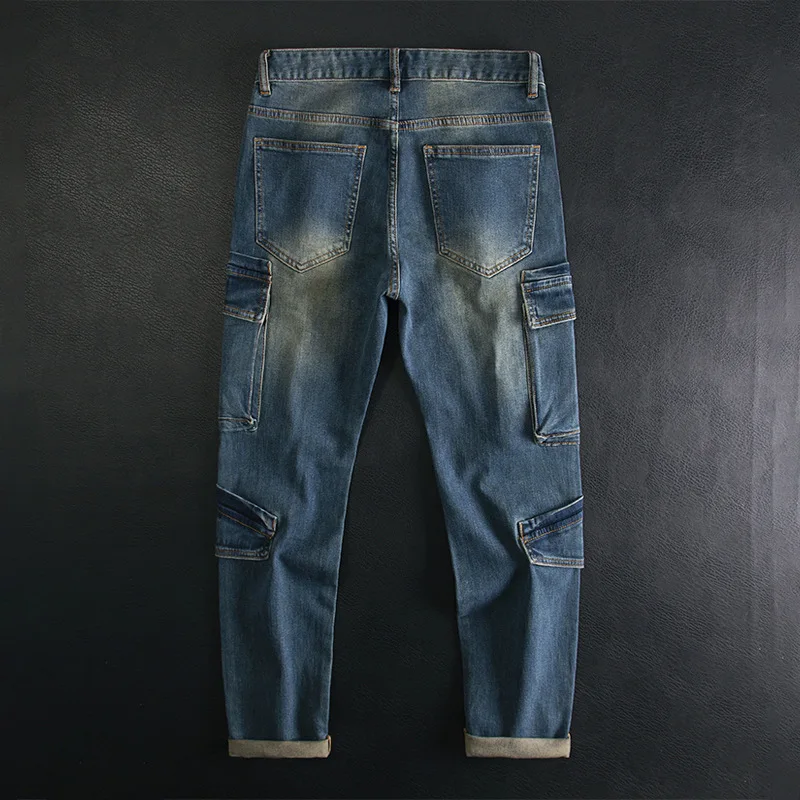 Multi pocket patchwork jeans for men, slim fit with small feet and elastic American retro high-end motorcycle riding trend pants