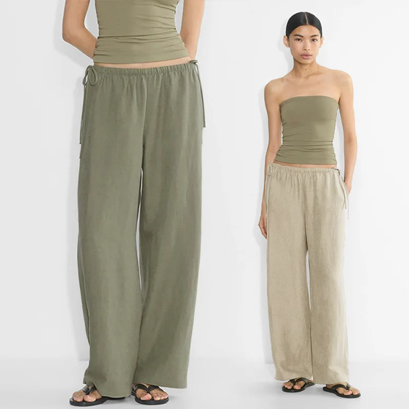 

Женские широкие брюки в стиле ретро, весенние длинные брюки с эластичным поясом на шнурке, летние удобные повседневные свободные прямые брюки для женщин