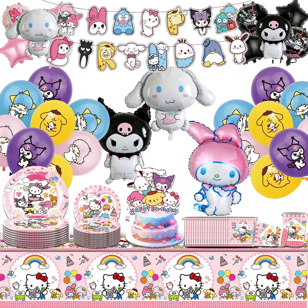 Sanrio-Juego de vajilla desechable para fiesta de cumpleaños, banderín colgante para pastel, globos de Hello Kitty, Decoración de cumpleaños